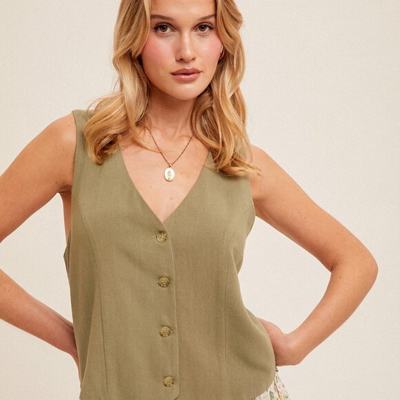 HEM & THREAD Sage Green Button Front Vest Top, Tailored Linen Look Tank - Picture 3 of 5
